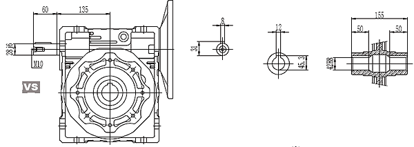 Размеры мотор-редуктора NMRV-110 в разрезе горизонтальный