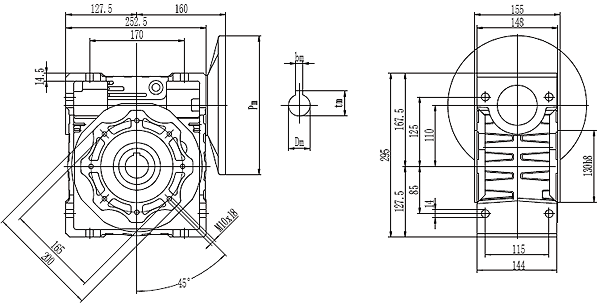 Размеры мотор-редуктора NMRV-110 в разрезе фронтальный